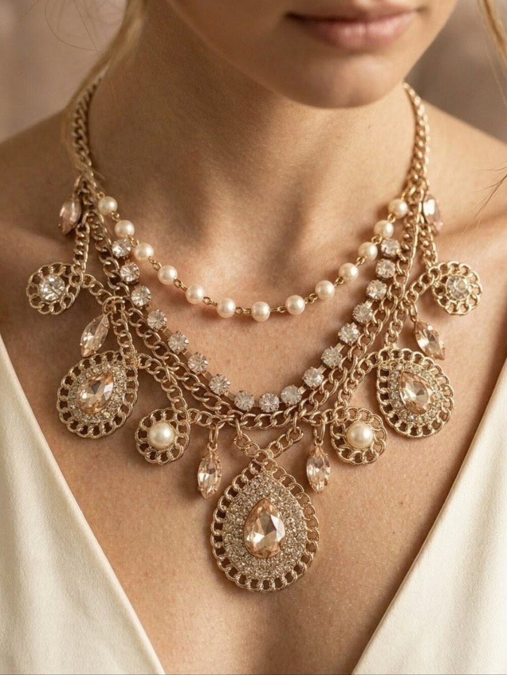 Champagne Crystal & Faux Pearl Filigree Collar Necklace